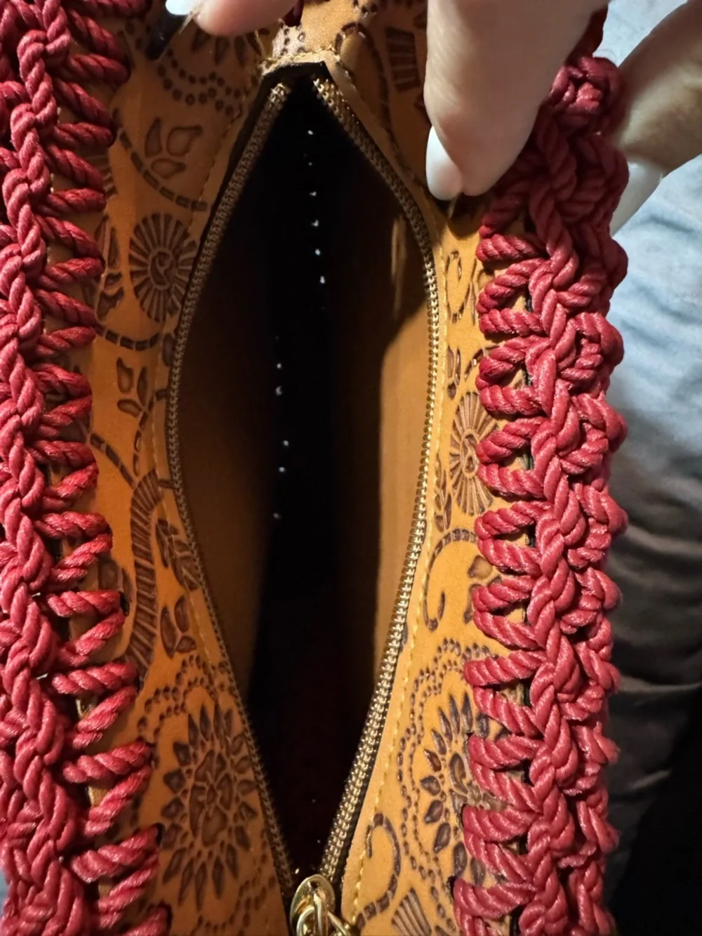 Handwoven Red-Trim Floral Embossed Tan Shoulder Bag